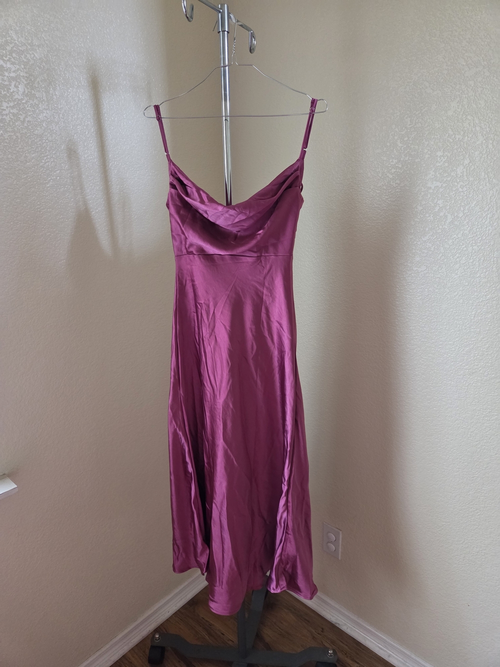 Mogidol Fuchsia Satin Spaghetti Strap Cowl Neck Backless Dress